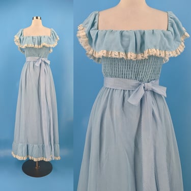 Vintage 70s XS Ruffle Off the Shoulder Maxi Dress - Seventies Blue Prairie Dress 