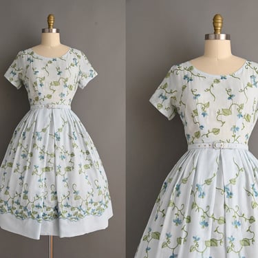 Vintage 1950s Dress | Icy Blue Floral Embroidered Cotton Full Skirt Shirtwaist Dress | Small 