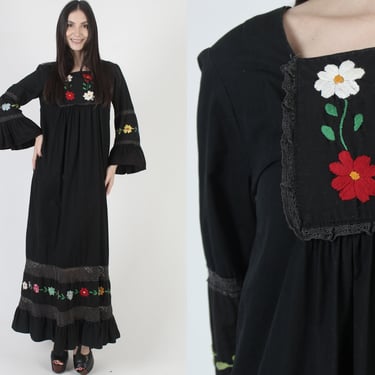 Long Black Mexican Wedding Dress / 70s Bright Floral Embroidered Bell Sleeves / Lace Quninceanera Ethnic Maxi Gown 