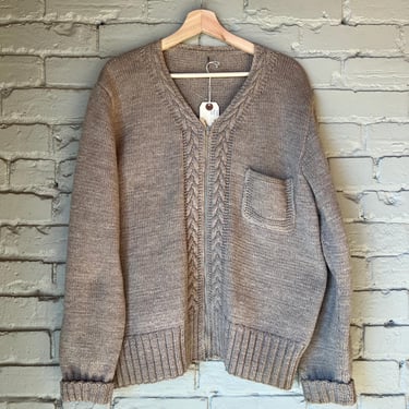 Med Large, Vintage 1960s 1970s Handmade Zip Up Knit Sweater, Pocket 