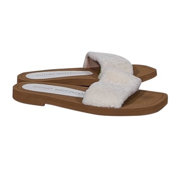 Stuart Weitzman - Brown Leather & White Shearling Slide Sandals Sz 8