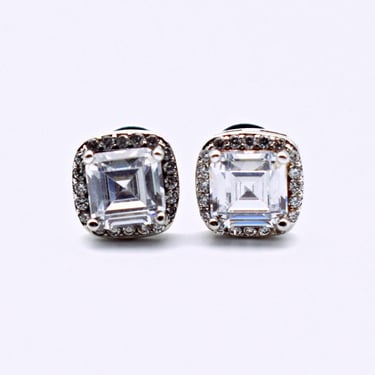 90's square cubic zirconia rhodium plated bling studs, icy princess cut halo CZ wedding earrings 