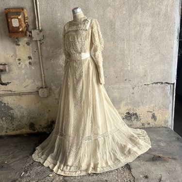 Antique Edwardian Organza & Lace Dress Silk Ball Trim Wedding Bridal Vintage