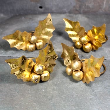 Set of 4 Vintage Golden Holly Napkin Rings | Circa 1980s | Vintage Christmas Napkin Rings | Bixley Shop 