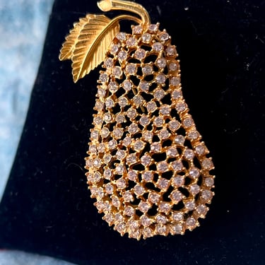 Statement Bling Brooch, Jeweled Pear Pin, Clear Crystals Rhinestones, Signed, Figural, Gold Tone, Vintage Sustainable Gift 