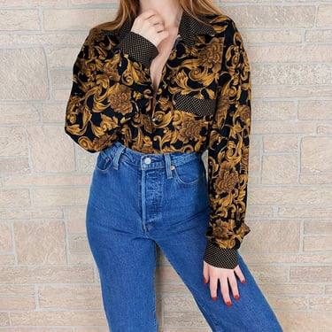 Retro Filigree Royalty Print Long Sleeve Blouse 