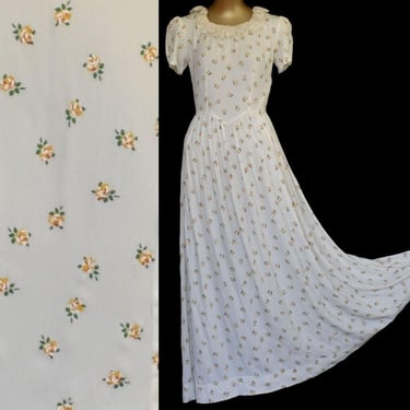 Vintage 30s Maxi Dress, Yellow Rose Print, Lace Ruffle Collar, Ankle Length, Puff Sleeves, Size S Small 