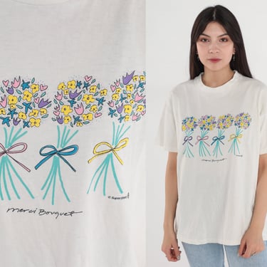 Merci Bouquet Shirt 90s Floral T-Shirt French Flower Graphic Tee Retro TShirt Botanical Single Stitch White 1990s Vintage Medium 