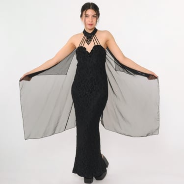 Vintage Black Lace Halter Dress 90s Evening Gown Beaded Sequin Choker Neck Bodycon Sweetheart Maxi 1990s Formal Gown Back Train Medium 7/8 