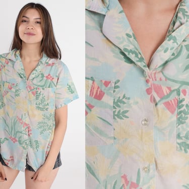Floral Bird Blouse 80s Tropical Button Up Top Short Sleeve Shirt Green Blue Grey Vintage 1980s Chest Pocket Medium 
