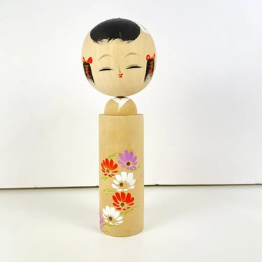 7” Japanese Vintage Old Floral Kokeshi Doll Girl North District Of Japan