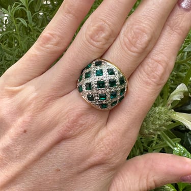 Emerald Green Crystal Silver Gold Dome Cocktail Ring Size 7