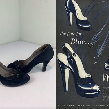 The Flair For Blue - Vintage 1940s Classic Navy Nubuck Leather Pin Up Heels Shoes - 7 1/2 