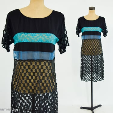 1990s Black & Blue Lace Dress | 90s Black Striped Lace Shift | Medium 