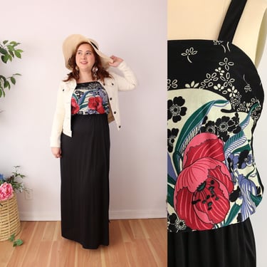 SIZE M/L Vintage 70s Floral Maxi Dress - Long Sleeveless Sun Dress - Floor Length Black Poppy Floral Dress Bouquet 