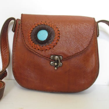 Vintage 1970s Brown Leather Crossbody Bag, Boho Hippie Purse, Handmade 