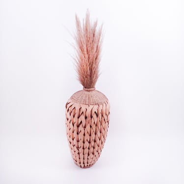 Woven Palm Basket Vase, Vintage Woven Vase, Boho Decor Vase 