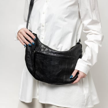 Crinkle Black Leather Small Moon Bag