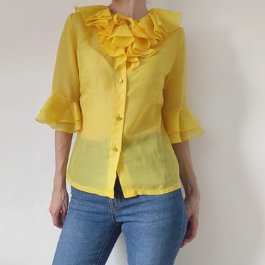 Vintage 1970s Ruffled Blouse/ Yellow Blouse with Ruffles/1970's Woman's Shirt 