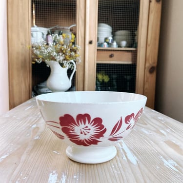 Beautiful large vintage French ironstone cafe au lait bowl in raspberry, red 