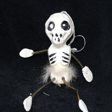 Vintage 1950's  Paper Mache Skeleton Halloween Ornament, Antique Hand Made, Hand Painted with Spring Hands and Feet, MCM Retro 