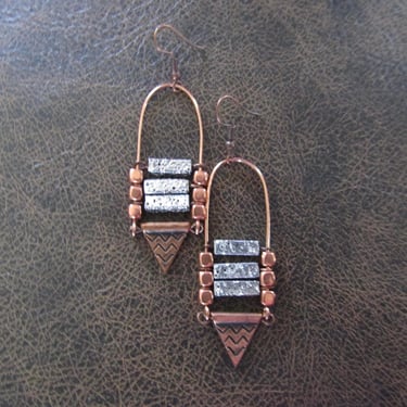 Silver lava rock ethnic bohemian earrings, copper 