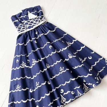 1980s Victor Costa Navy + White Nautical Print Strapless Gown 