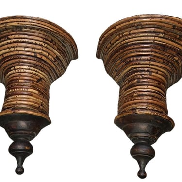 Restored Pencil Reed Rattan Wall Shelf Pedestals, Pair in the style of Crespi 