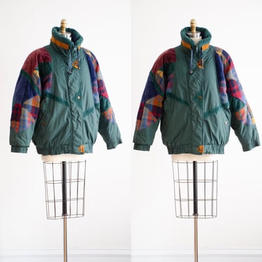 green puffer jacket 80s 90s vintage plaid corduroy patchwork puffer coat 