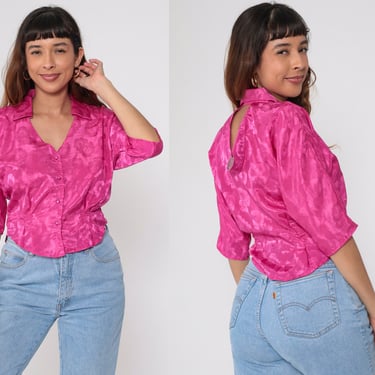 Fuchsia Floral Shirt 80s Keyhole Back Blouse Hot Pink Satin Embossed 1/2 Sleeve Blouse Peekaboo Cutout Top Button Up 1980s Vintage Medium 