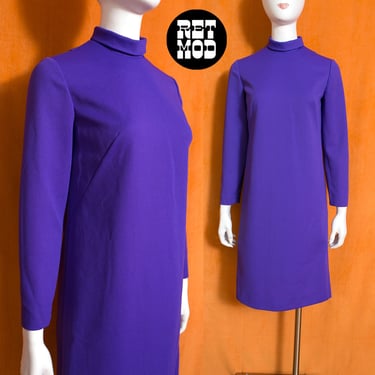 Mod Vintage 60s 70s Solid Purple Long Sleeve Shift Dress 