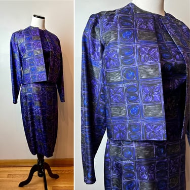 Vintage purple silk dress & matching jacket belt~ Pencil wiggle dress 1950’s 60’s MCM  Abstract tiki floral print violet size small 26' w 