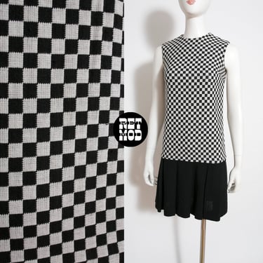 RARE Vintage 60s Mod Checkerboard Woven Knit GoGo Dropwaist Dress 