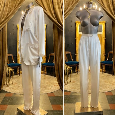 1980s 2 piece women's suit, ivory silk, vintage pantsuit, cache', size medium, minimalist style, boxy, menswear style, jacket and pants, 27 