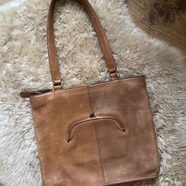 Vintage 1960s Bonnie Cashin Coach Brown Leather NYC Skinny Tote Shoulder Bag with Kisslock Pocket 