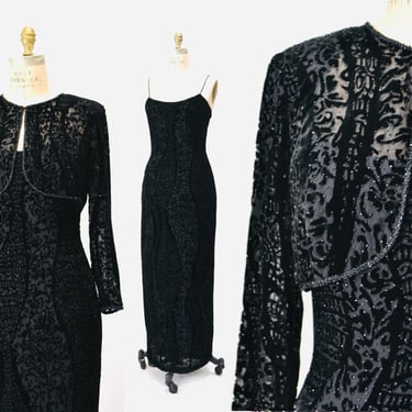 Vintage 90s 00 Y2K Black Beaded Velvet Dress And Bolero Jacket Silk Velvet Burnout Dress Beaded Long Party Dress Small Medium by Black Tie 