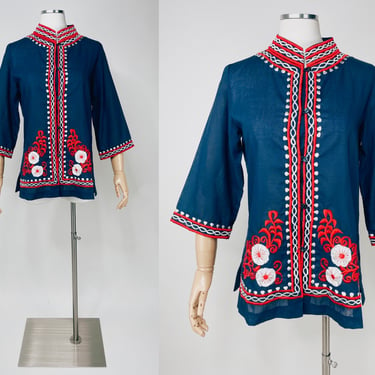 1970s Red White & Blue Embroidered Tunic Style Top w 3/4 Bell Sleeves by Daisy's Medium | Vintage, Patriotic, 4th of July, Hippie, Cover Up 