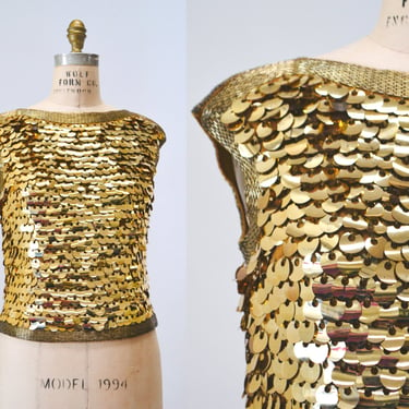 60s Gold Sequin Top By Miss Ruth Vintage Mod Gold Sequin Metallic Party Wedding Top Tank Medium Gold 60s Party Top Gold Fringe Sequin Top 