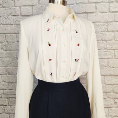 Vintage 80s White Blouse with Floral Embroidery 