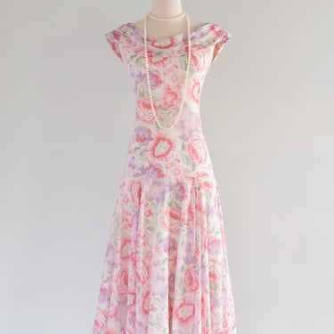 Vintage 1980's Floral Cotton Party Dress by Laura Ashley / S