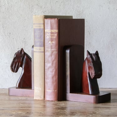 Carved Horse Head Bookends, Pair of Vintage Carved Mahogany Wood Bookends 