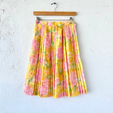 Vintage 50s 60s Bright Artsy Floral Semi Sheer Pleated Midi Skirt 