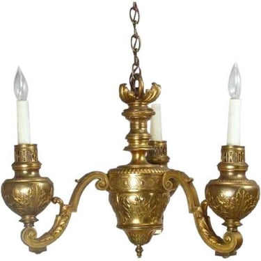 1850s Antique Scandinavian Gold Gilt Bronze Three Arm Chandelier converted Gas Light Lamp 