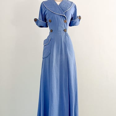 Classic 1940's Blue Cotton Seersucker Nautical Dressing Gown / Sz Small Medium