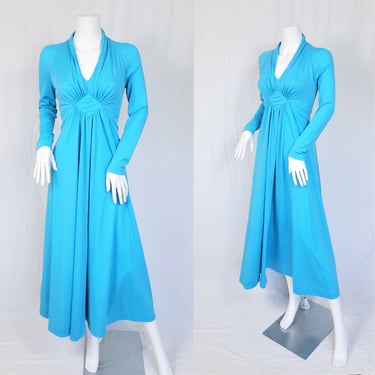 1970's Turquoise Blue Long Poly Drapey Maxi Dress Caftan Dress I Sz Sm I Leslie J 