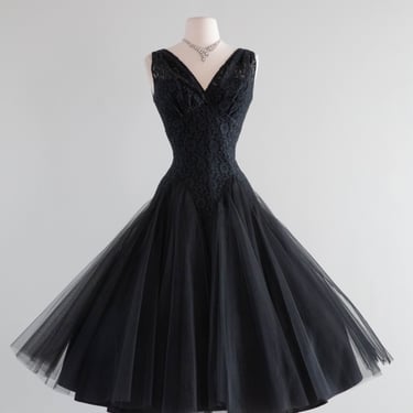 Glamorous & Bewitching 1950's Black Illusion Lace Cocktail Dress From Fredricks of Hollywood / SM