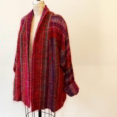 Vintage 80s Elizabeth Jenkins Taos Fiber Art Woven Cardigan Art to Wear Wool Mohair Luxe Boho 