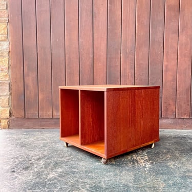 Vintage Danish Teak Rolling Side Table Record LP Vinyl Caddy Mid-Century Storage Cube 