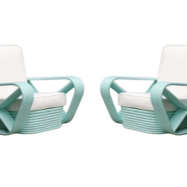 Restored Teal Square Pretzel Stacked Rattan Armchairs in Style of Paul Frankl 
