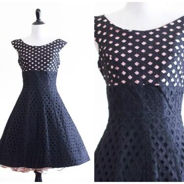 1950s pink and black eyelet fit and flare dress 